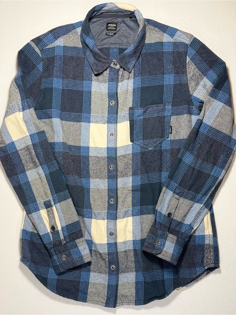 Prana Blue, Cream and Gray Plaid Button-Down Shirt